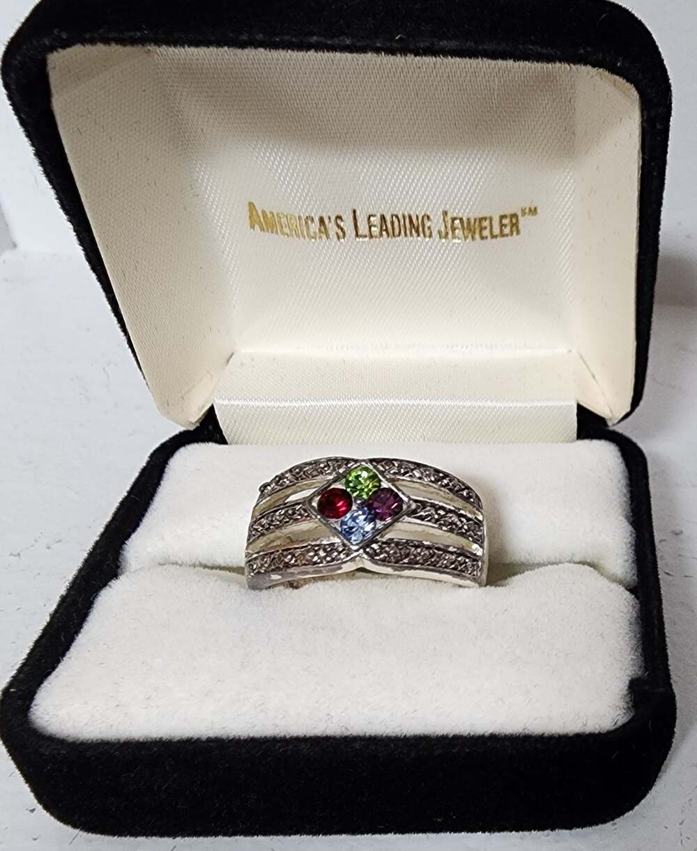 Vintage Silver Multi‑Gemstone Ring Size 9.75 w/ Box – Colorful Cluster Design